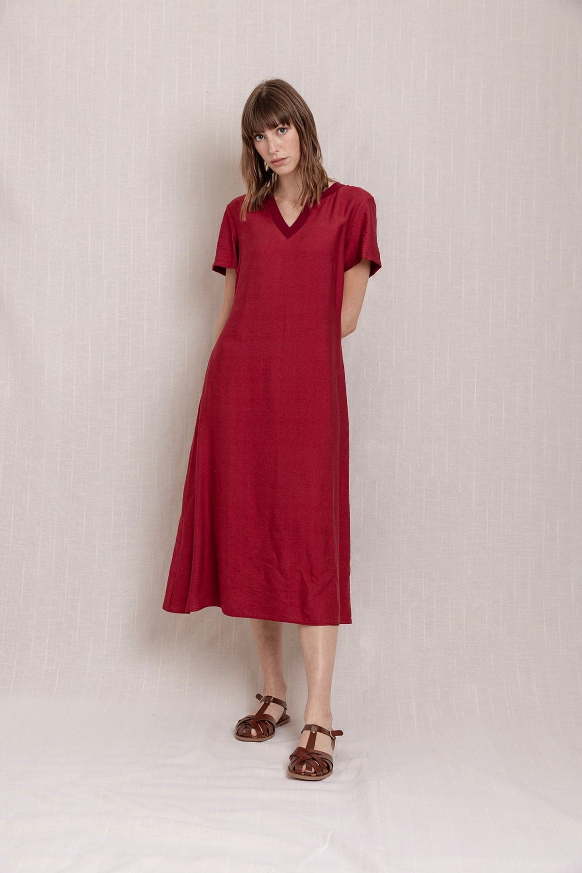 Red V-Neck Pocket Linen Dress