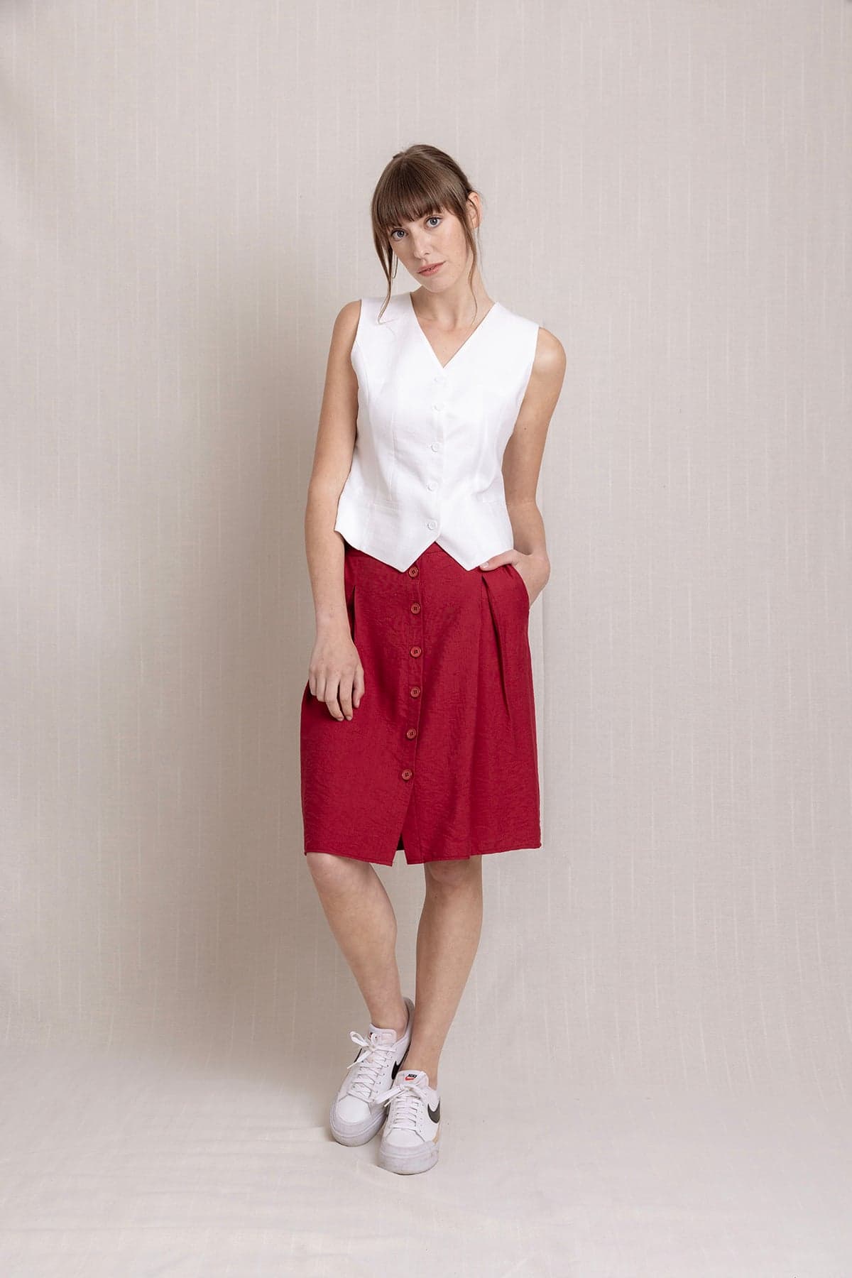 Red Front Button Pocket Pleated Linen Skirt