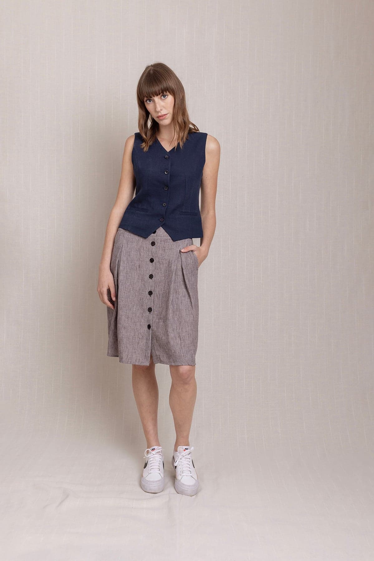 Brown Front Button Pocket Pleated Linen Skirt