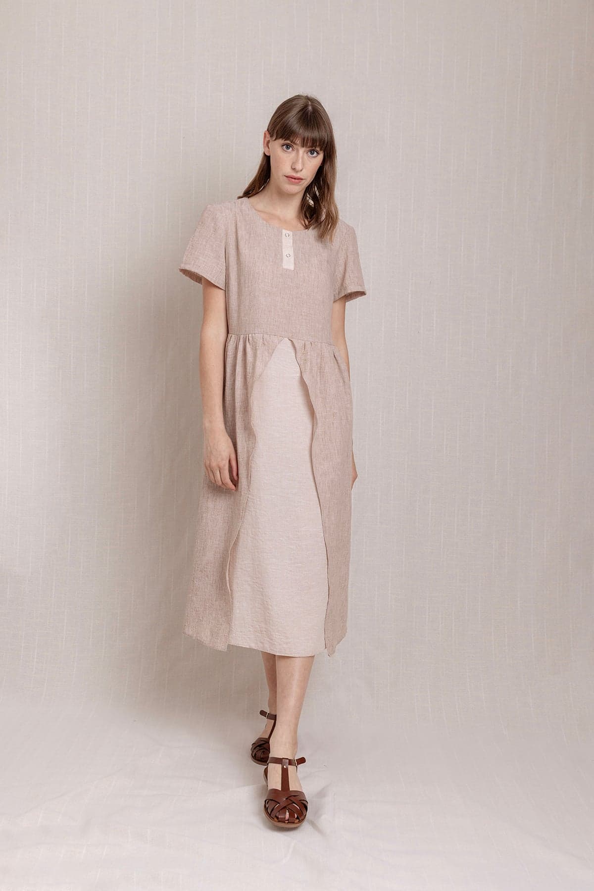 Beige Short Sleeve Linen Dress