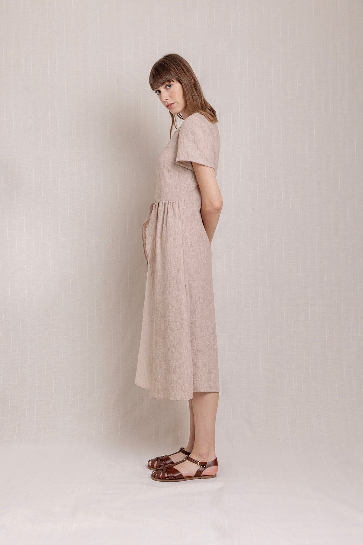 Beige Short Sleeve Linen Dress