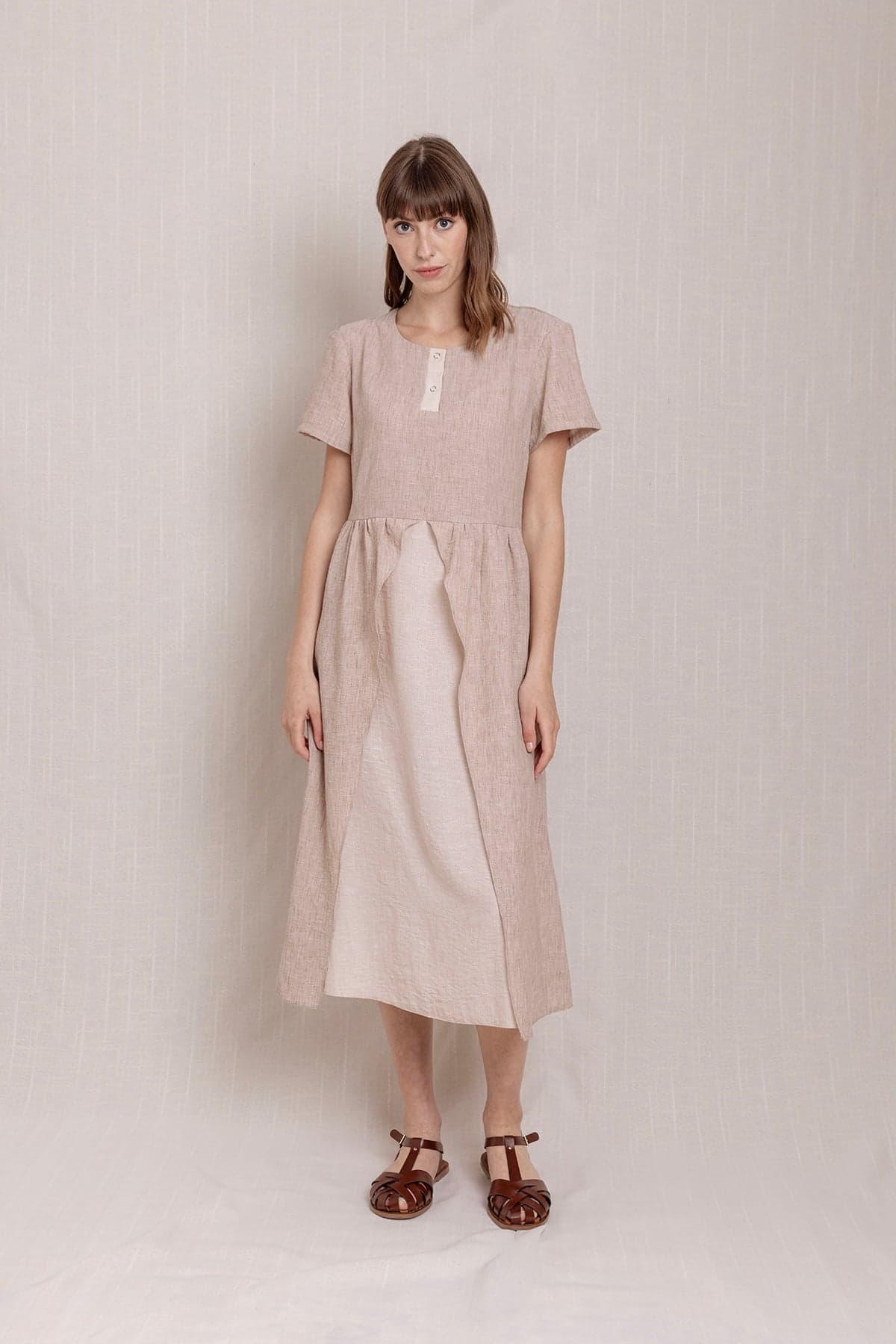 Beige Short Sleeve Linen Dress