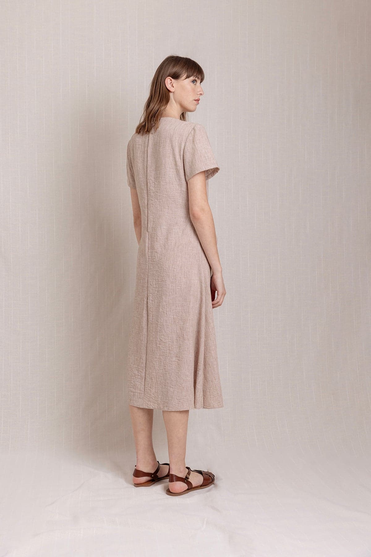 Beige Short Sleeve Linen Dress