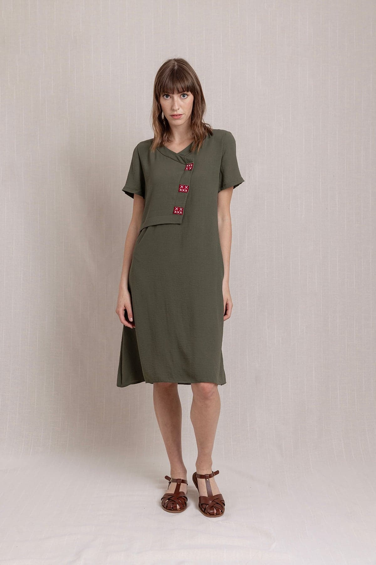 Khaki Embroidered Linen Dress