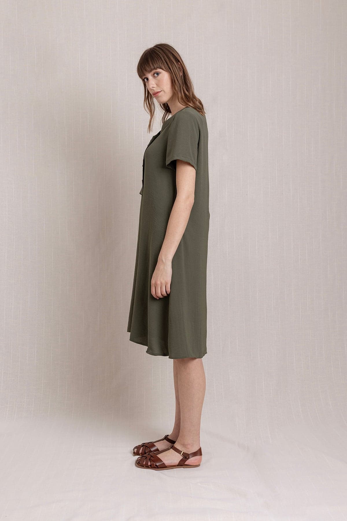 Khaki Embroidered Linen Dress