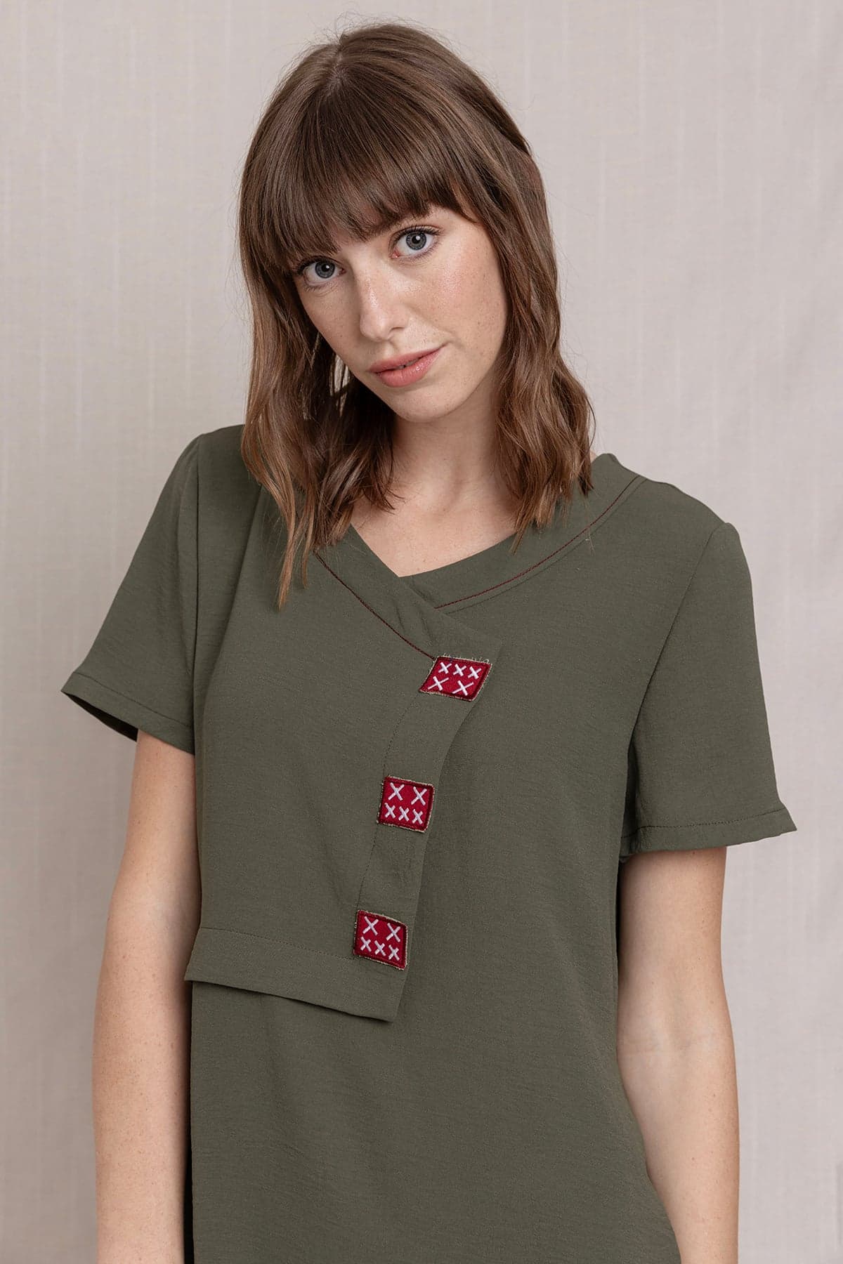 Khaki Embroidered Linen Dress