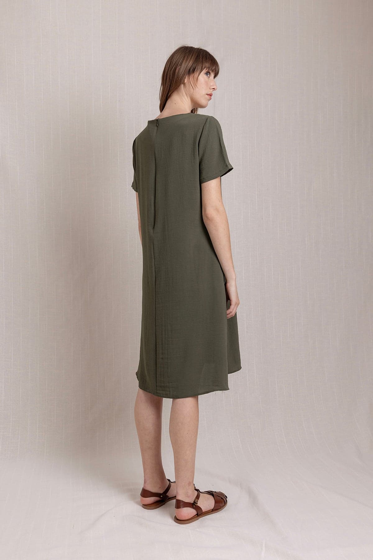 Khaki Embroidered Linen Dress