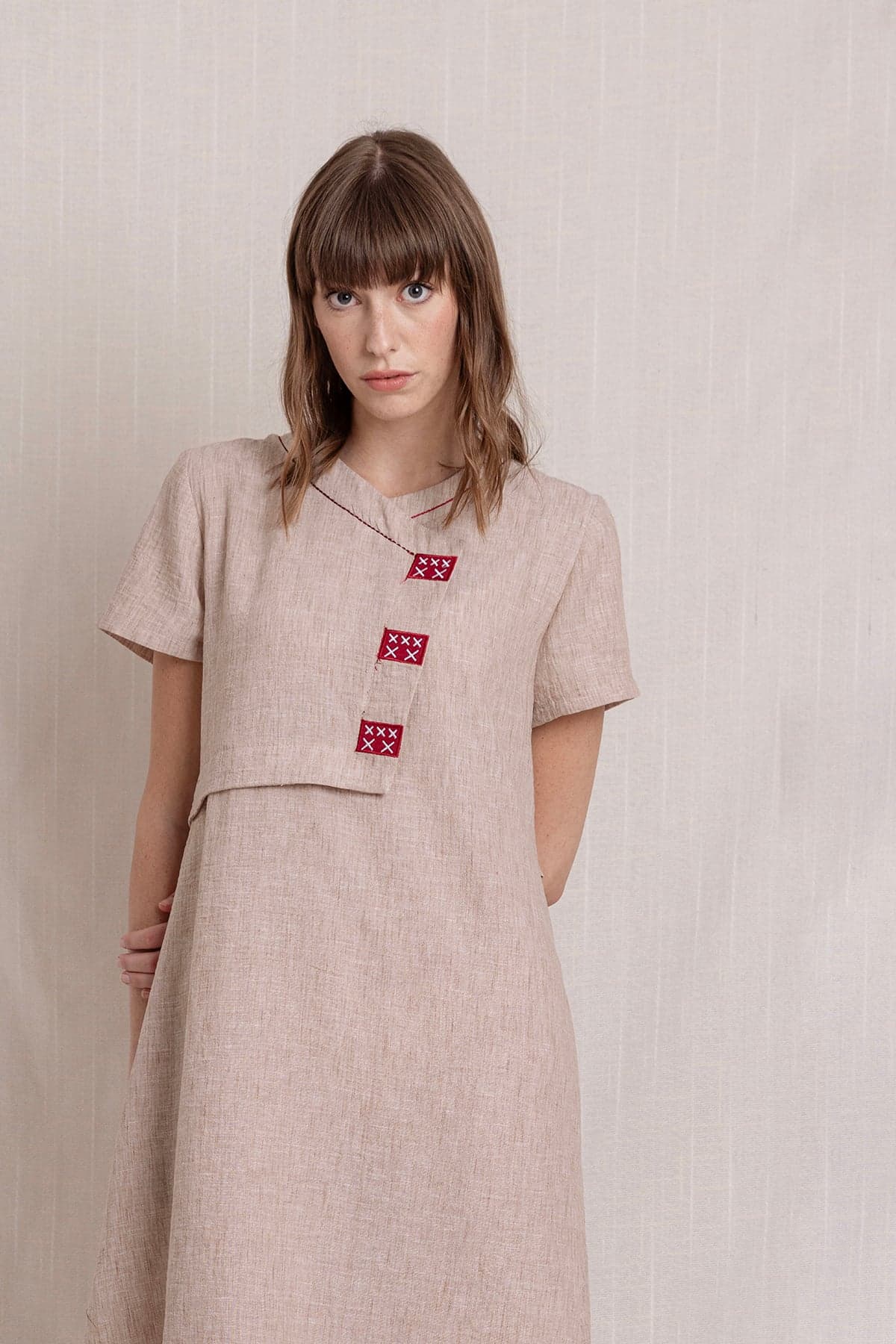 Beige Embroidered Linen Dress