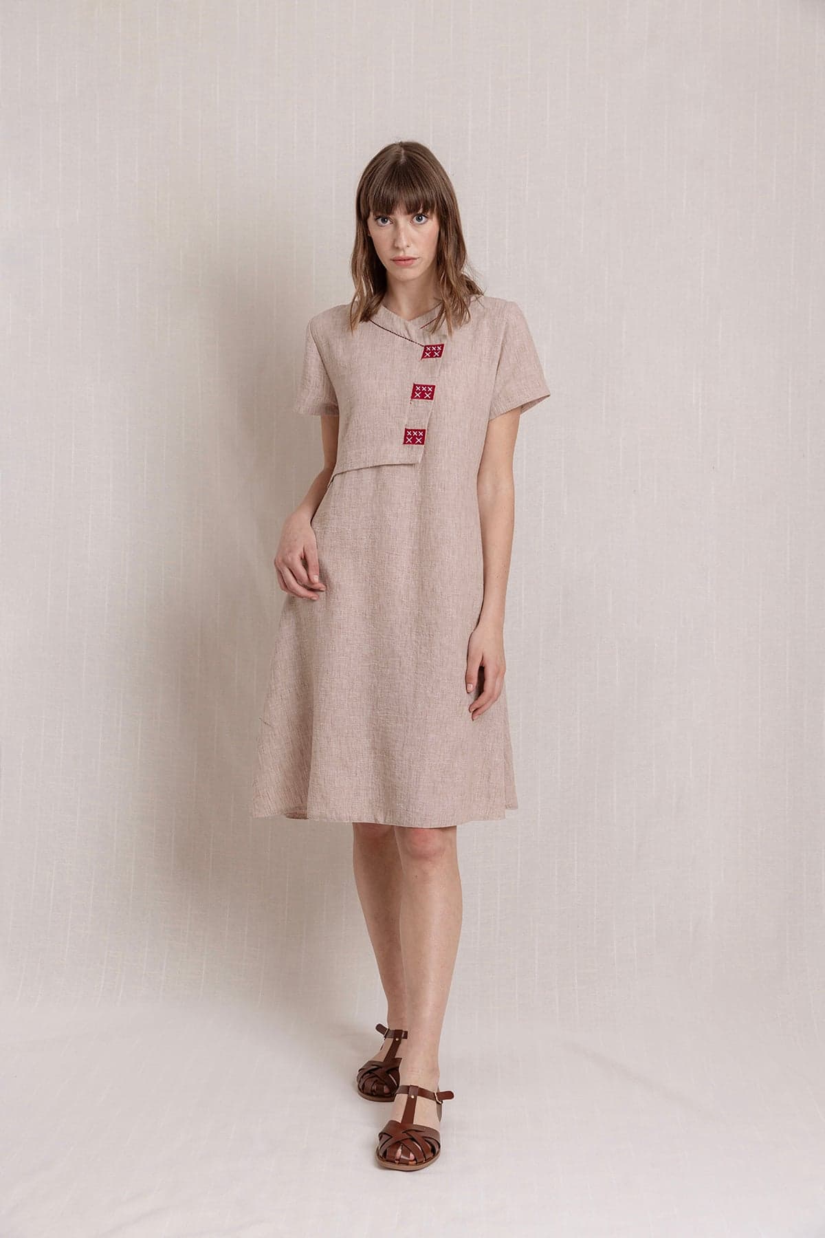 Beige Embroidered Linen Dress