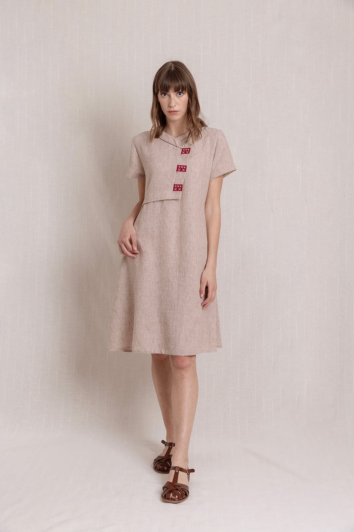 Beige Embroidered Linen Dress