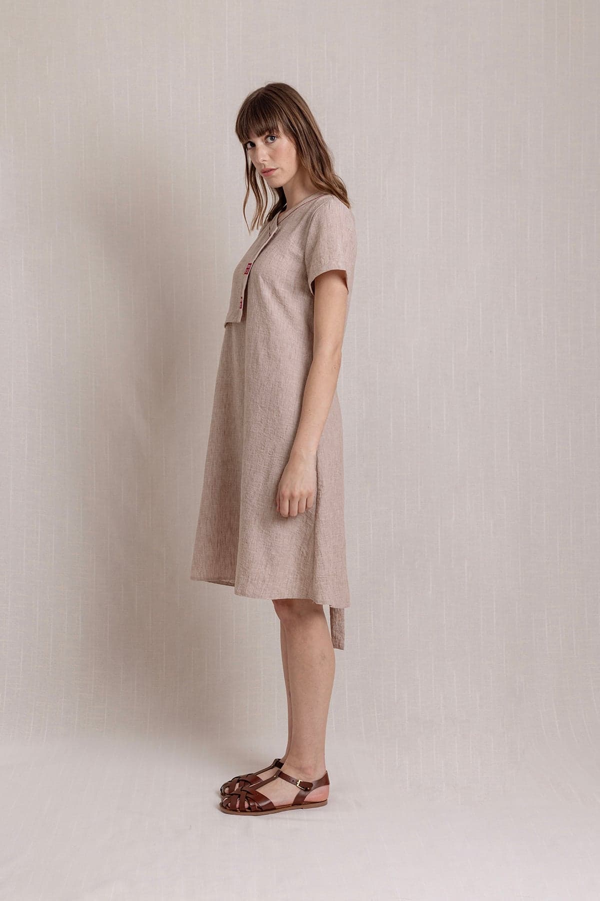 Beige Embroidered Linen Dress