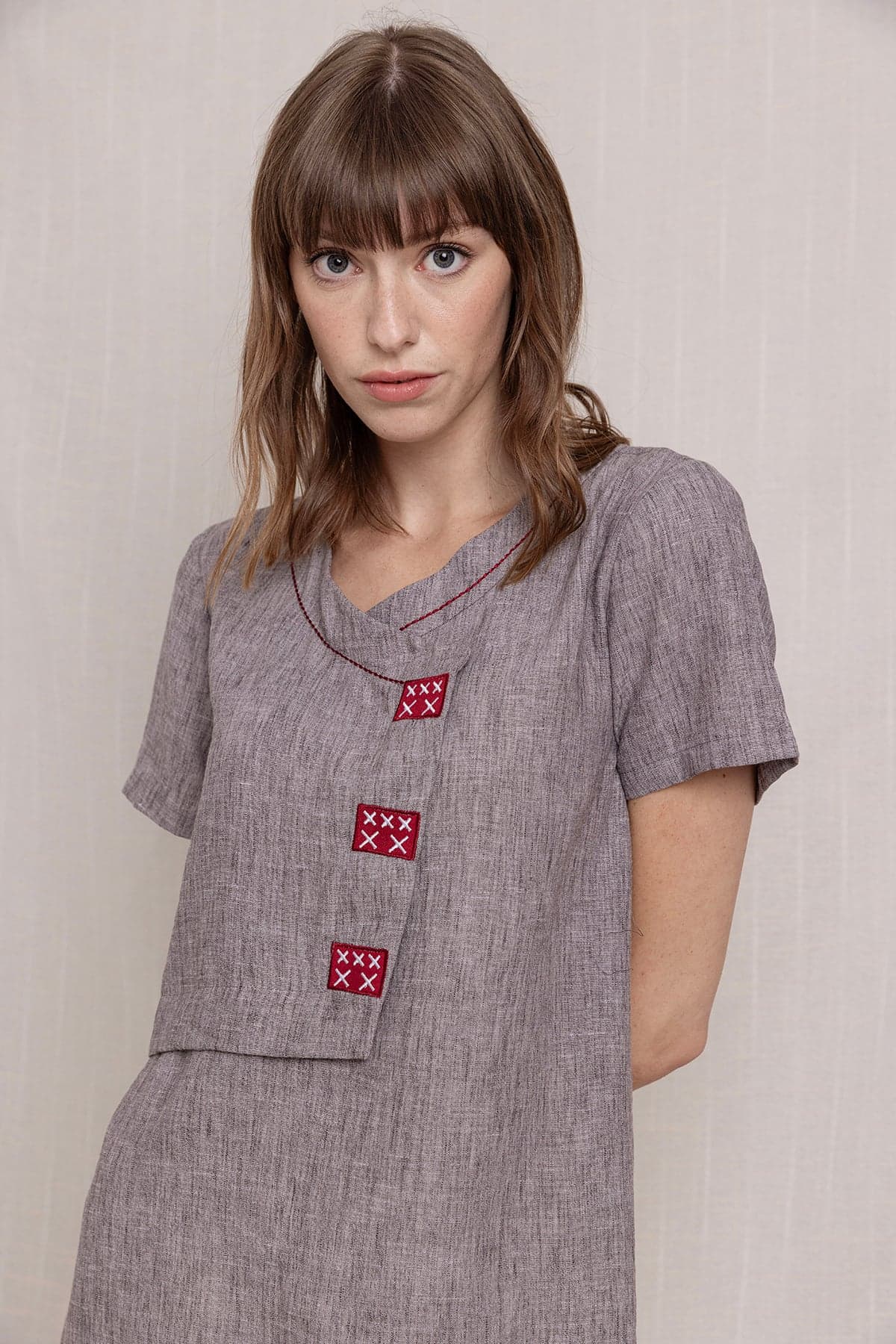 Gray Embroidered Linen Dress