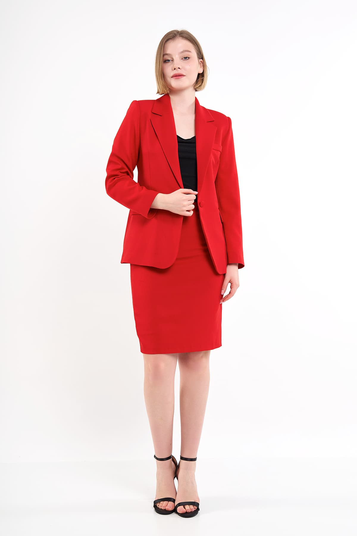 Red Jacket Skirt Suit