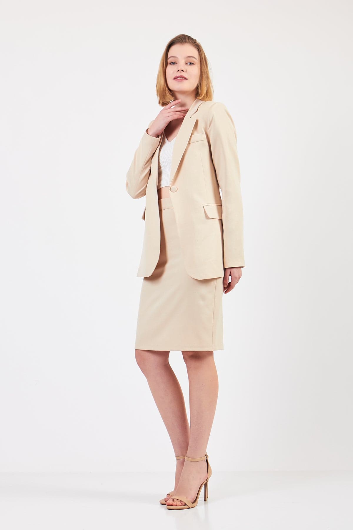 Cream Jacket Skirt Suit