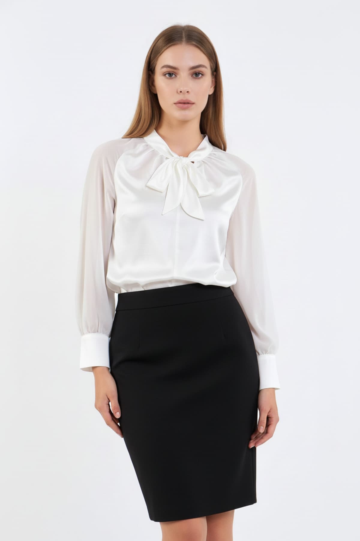 White Chiffon Sleeve Satin Shirt
