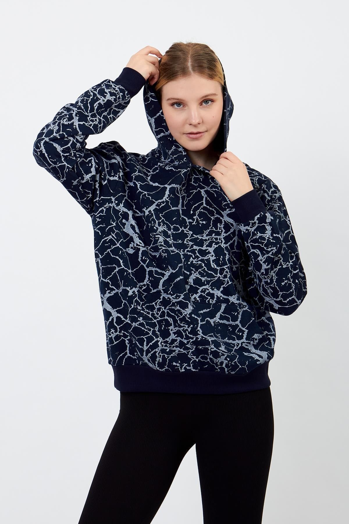 Navy Blue Patterned Hoodie
