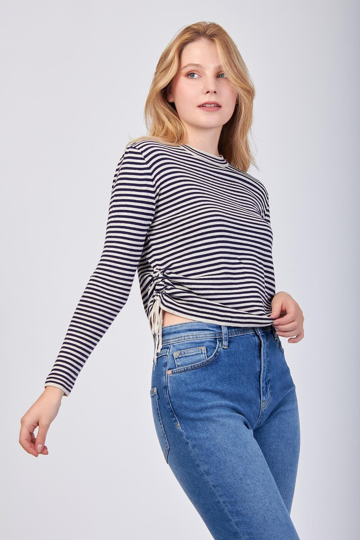 Striped Side Lace-Up Knit Blouse