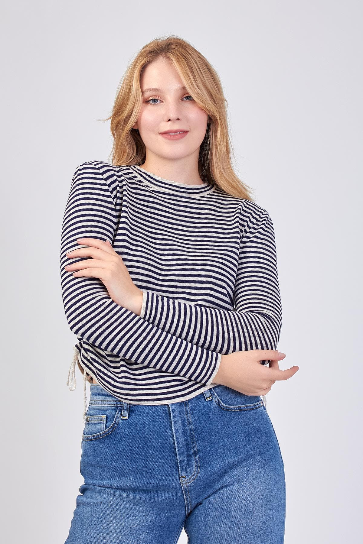 Striped Side Lace-Up Knit Blouse