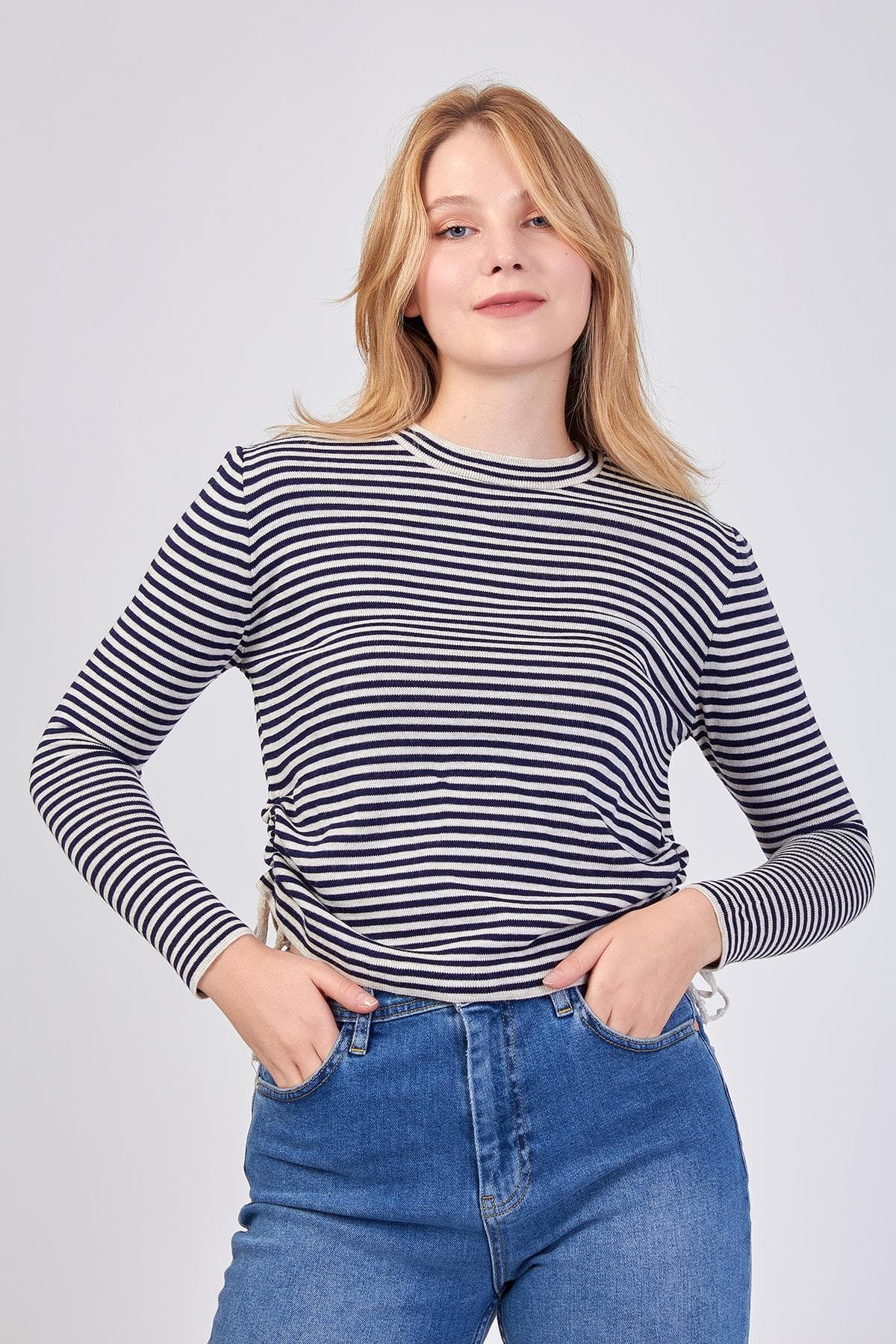 Striped Side Lace-Up Knit Blouse