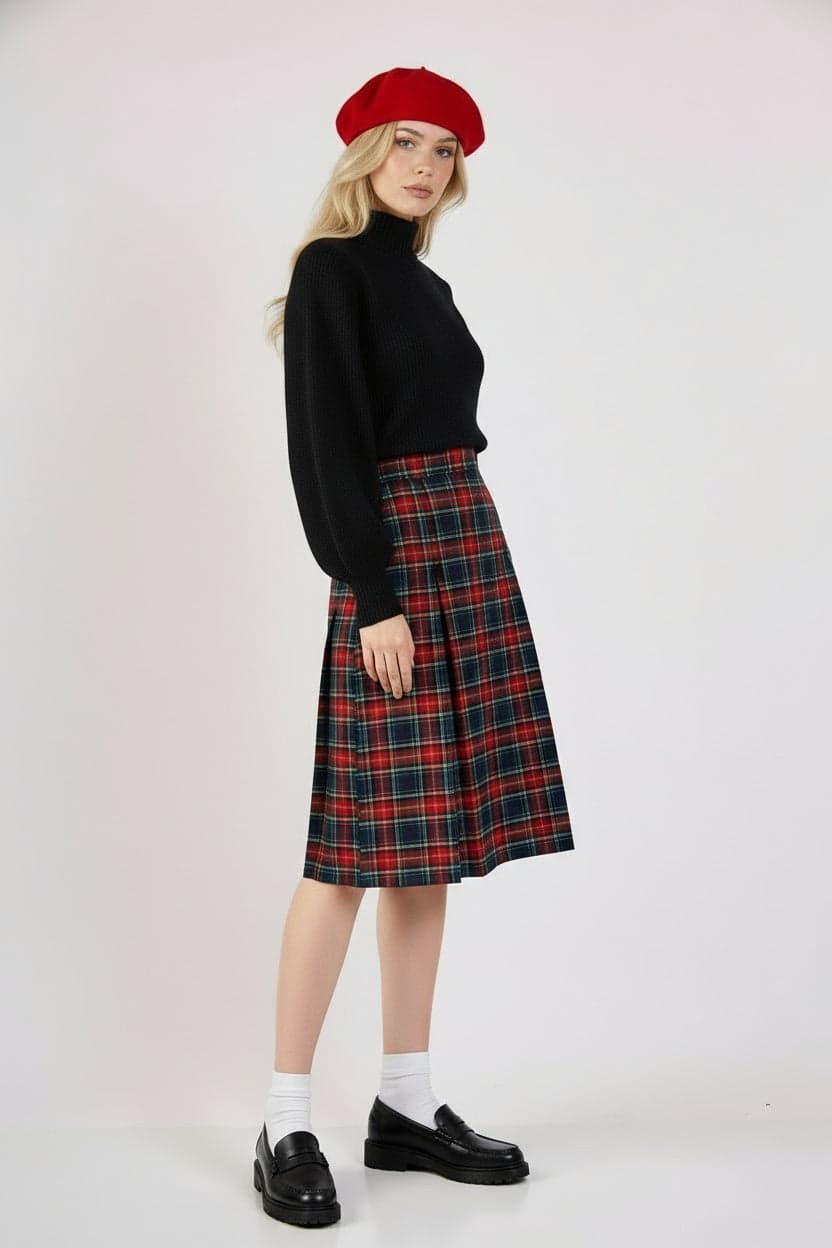 Checkered Pleated Pencil Skirt