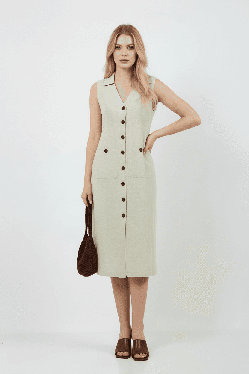 Shirt Collar Front Buttoned Sleeveless Linen Dress