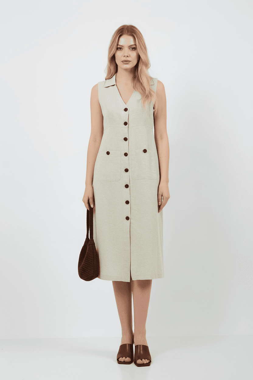 Shirt Collar Front Buttoned Sleeveless Linen Dress