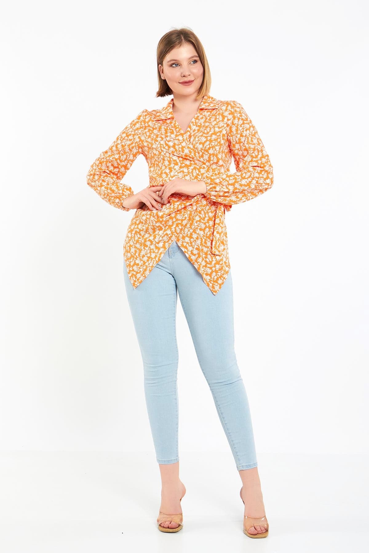 Orange Collared Waist-Tie Blouse