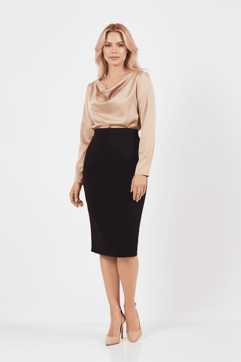 Black Below-Knee Slit Pencil Skirt