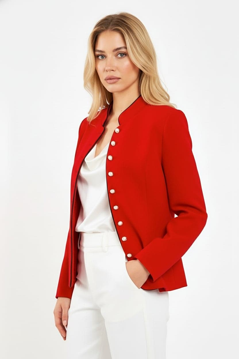 Red Mandarin Collar Pearl Button Detail Wool Jacket