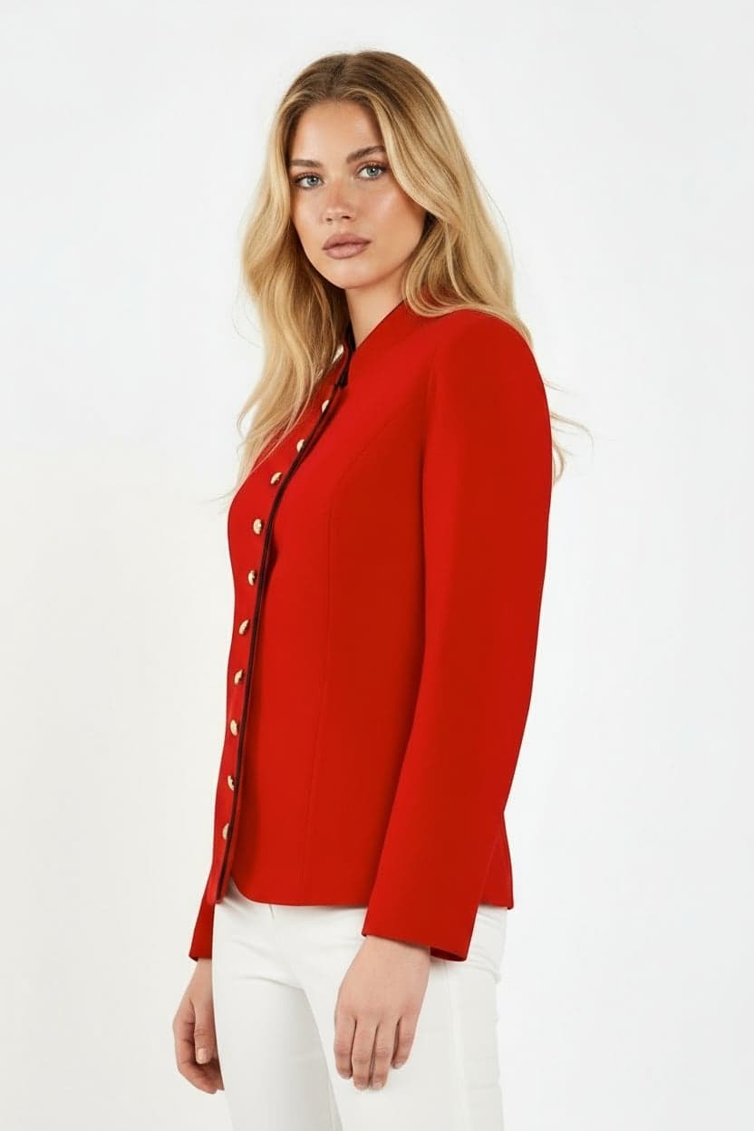 Red Mandarin Collar Pearl Button Detail Wool Jacket