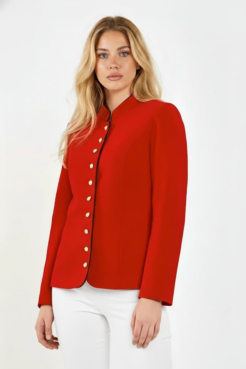 Red Mandarin Collar Pearl Button Detail Wool Jacket