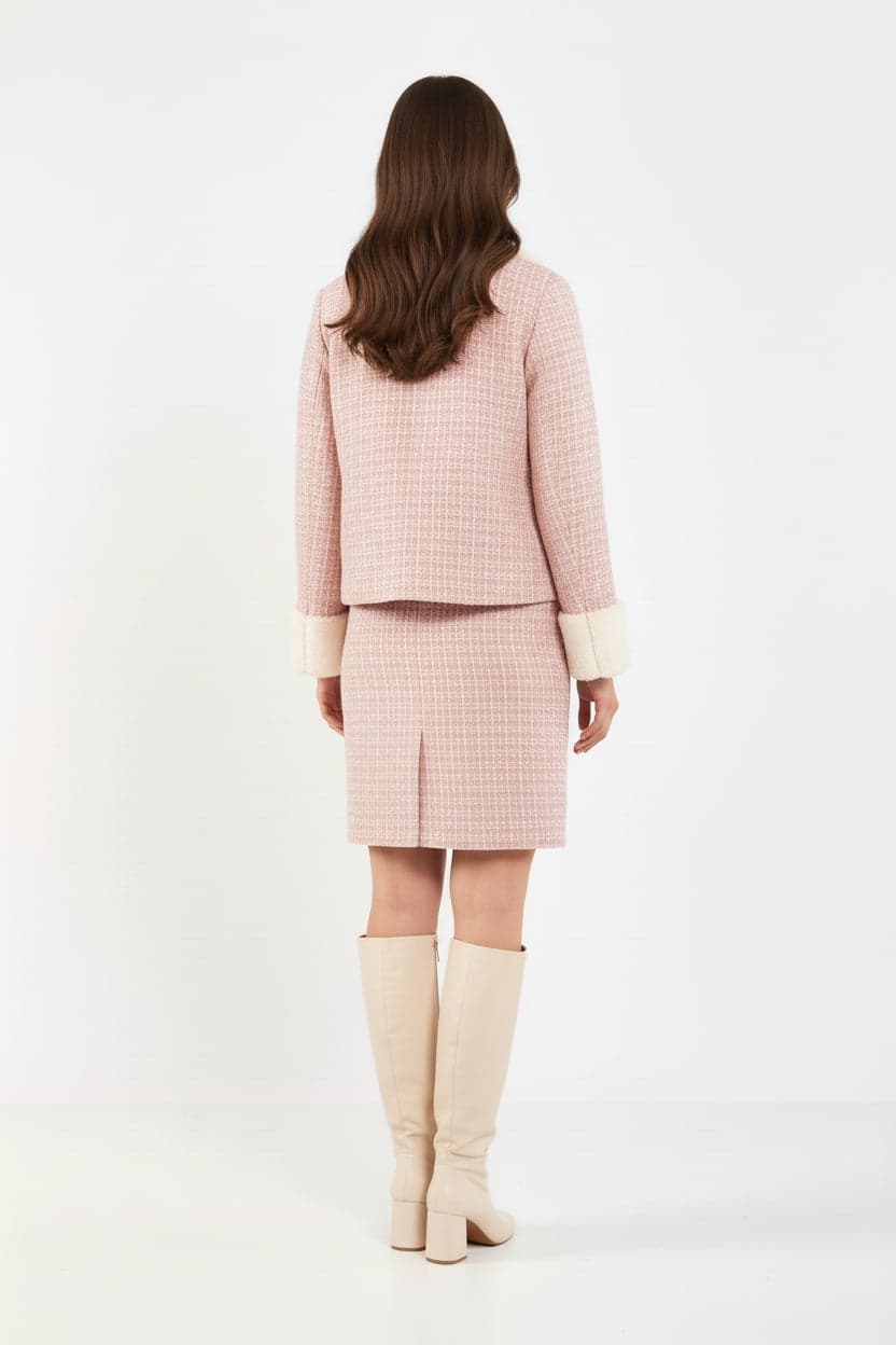 Fur-Trimmed Pink Tweed Jacket Skirt Two-Piece Suit