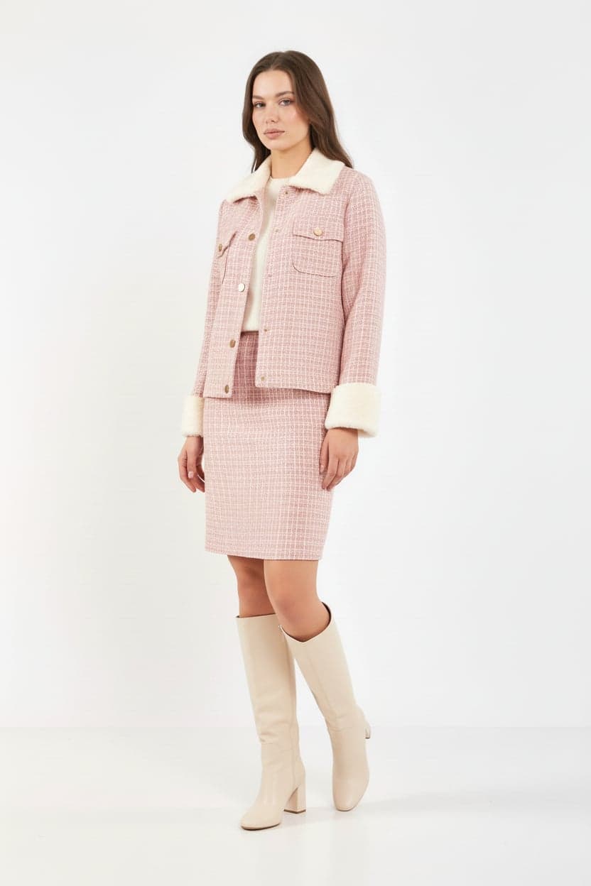 Fur-Trimmed Pink Tweed Jacket Skirt Two-Piece Suit