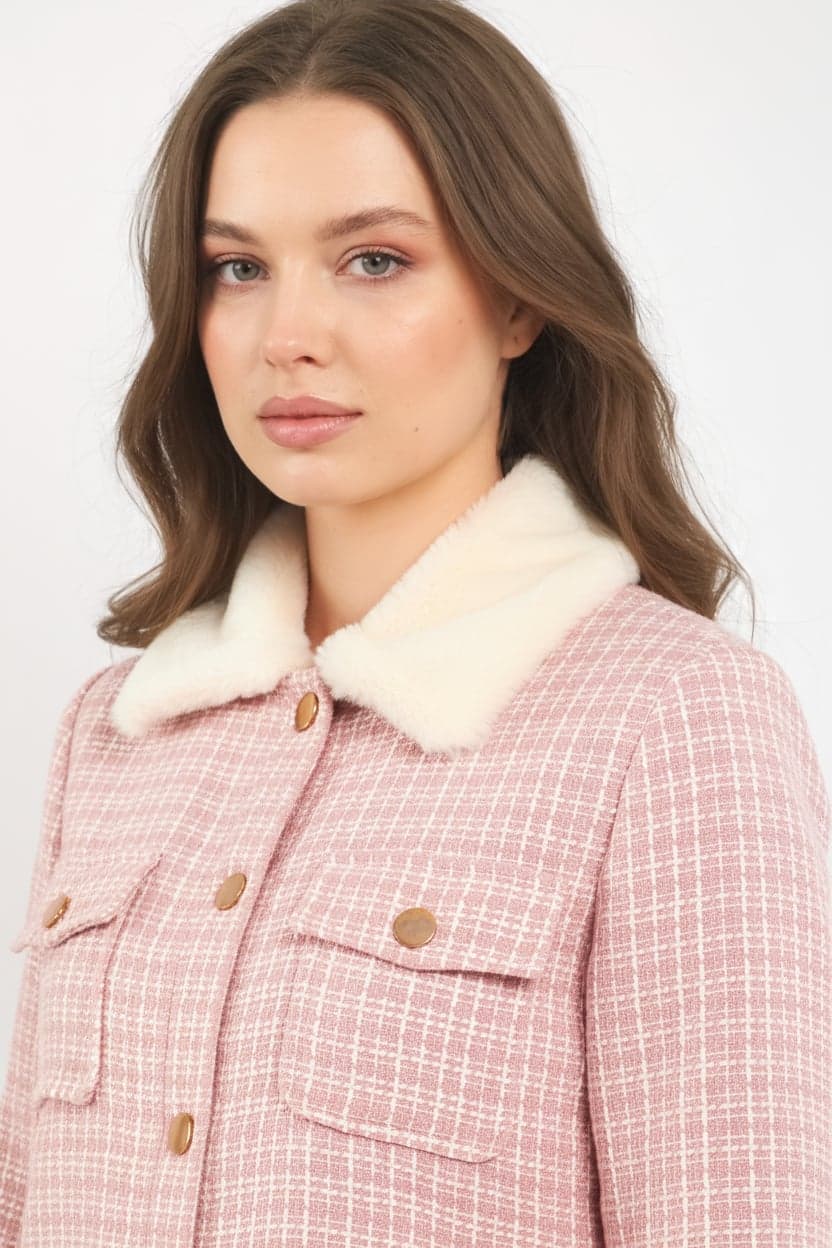 Fur-Trimmed Pink Tweed Jacket Skirt Two-Piece Suit