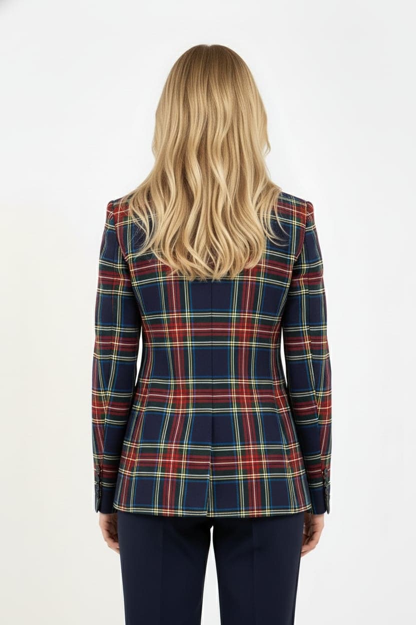 Navy Blue Single Button Checked Jacket