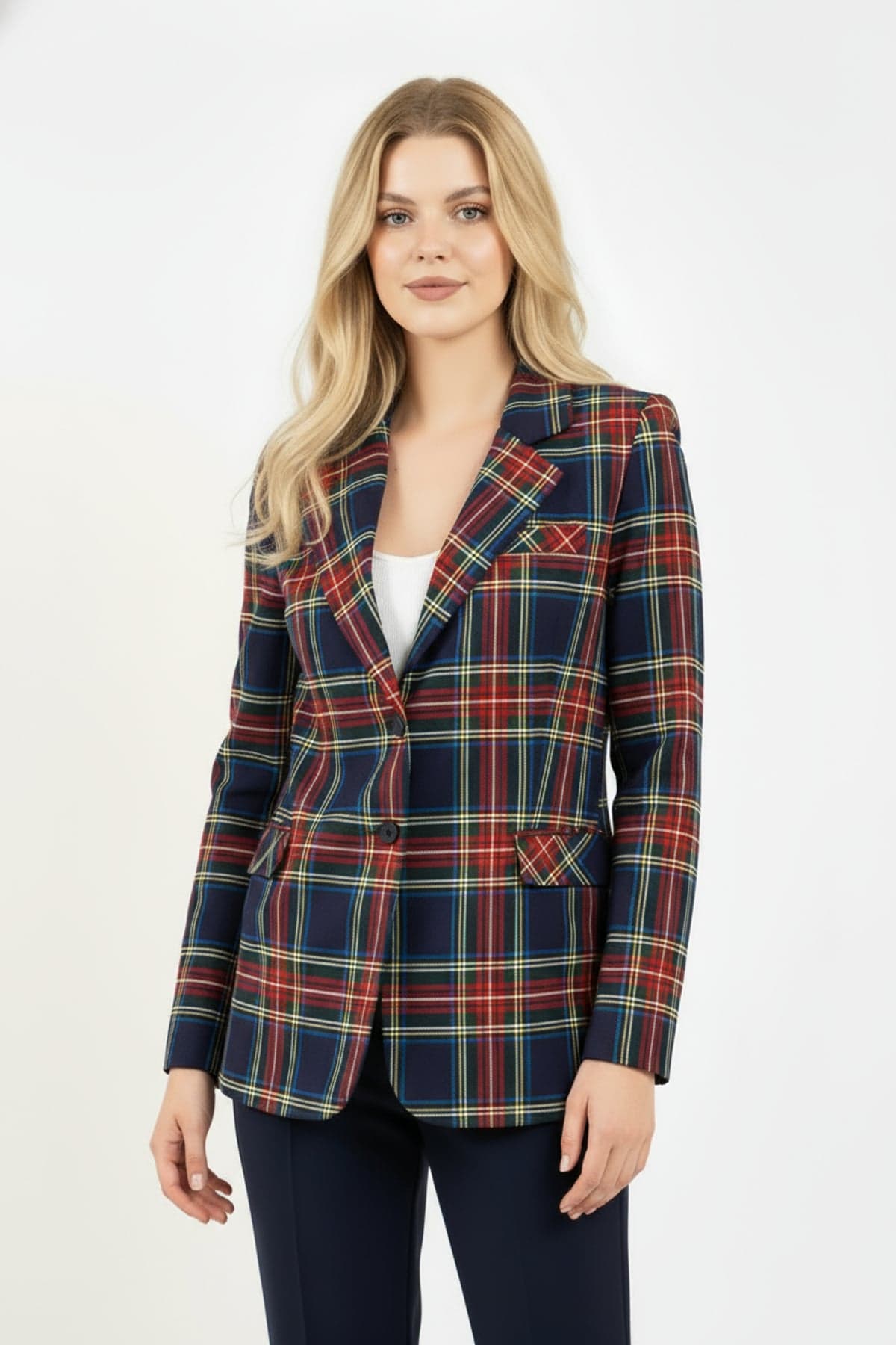 Navy Blue Single Button Checked Jacket