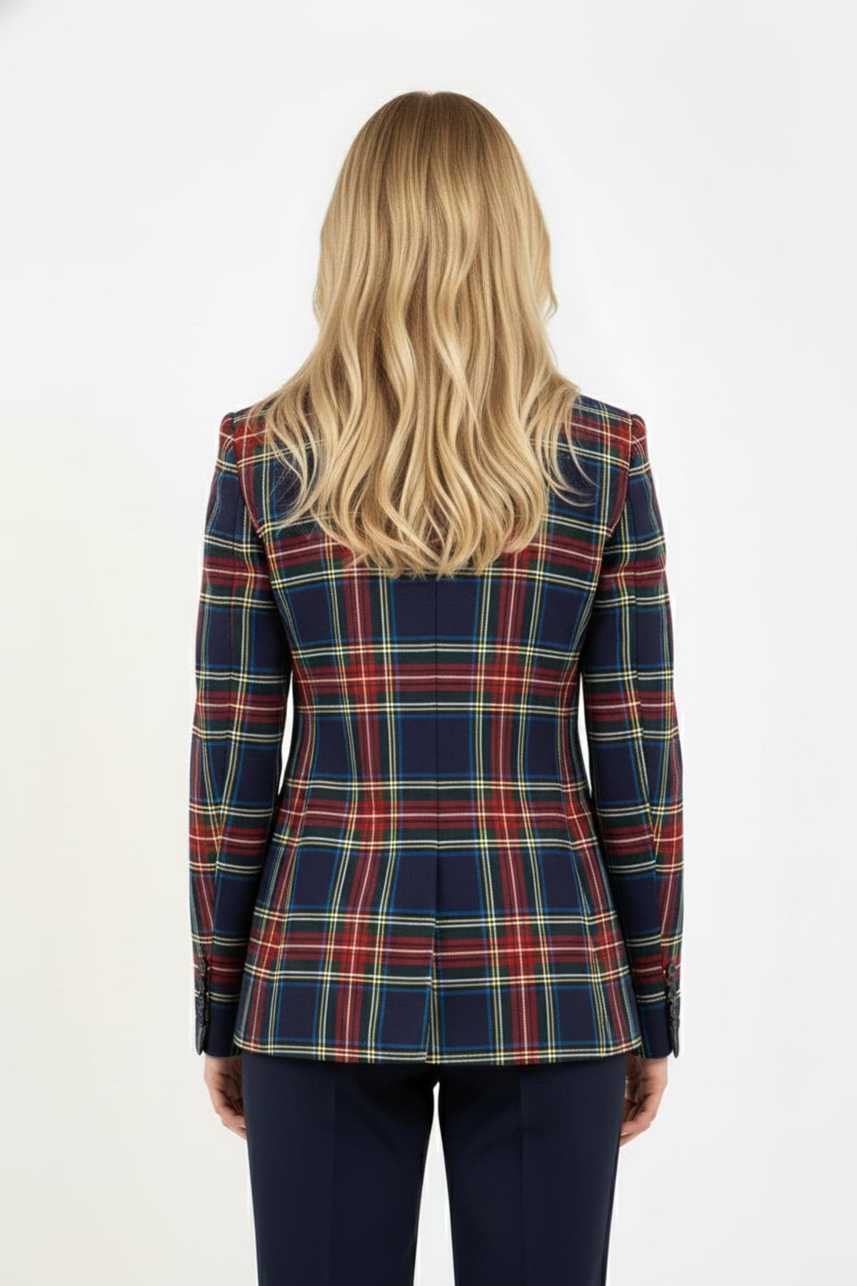 Navy Blue Single Button Checked Jacket
