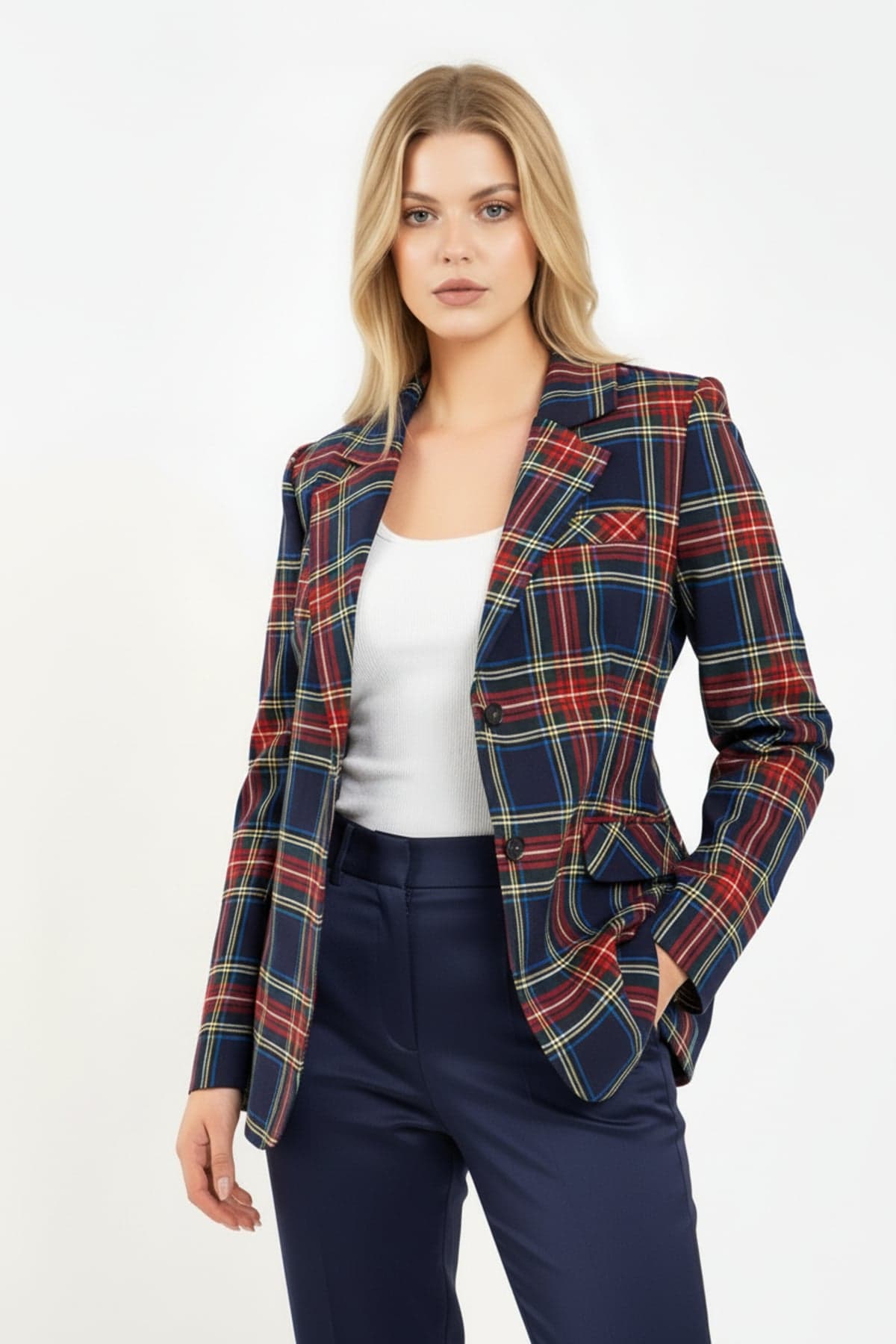 Navy Blue Single Button Checked Jacket