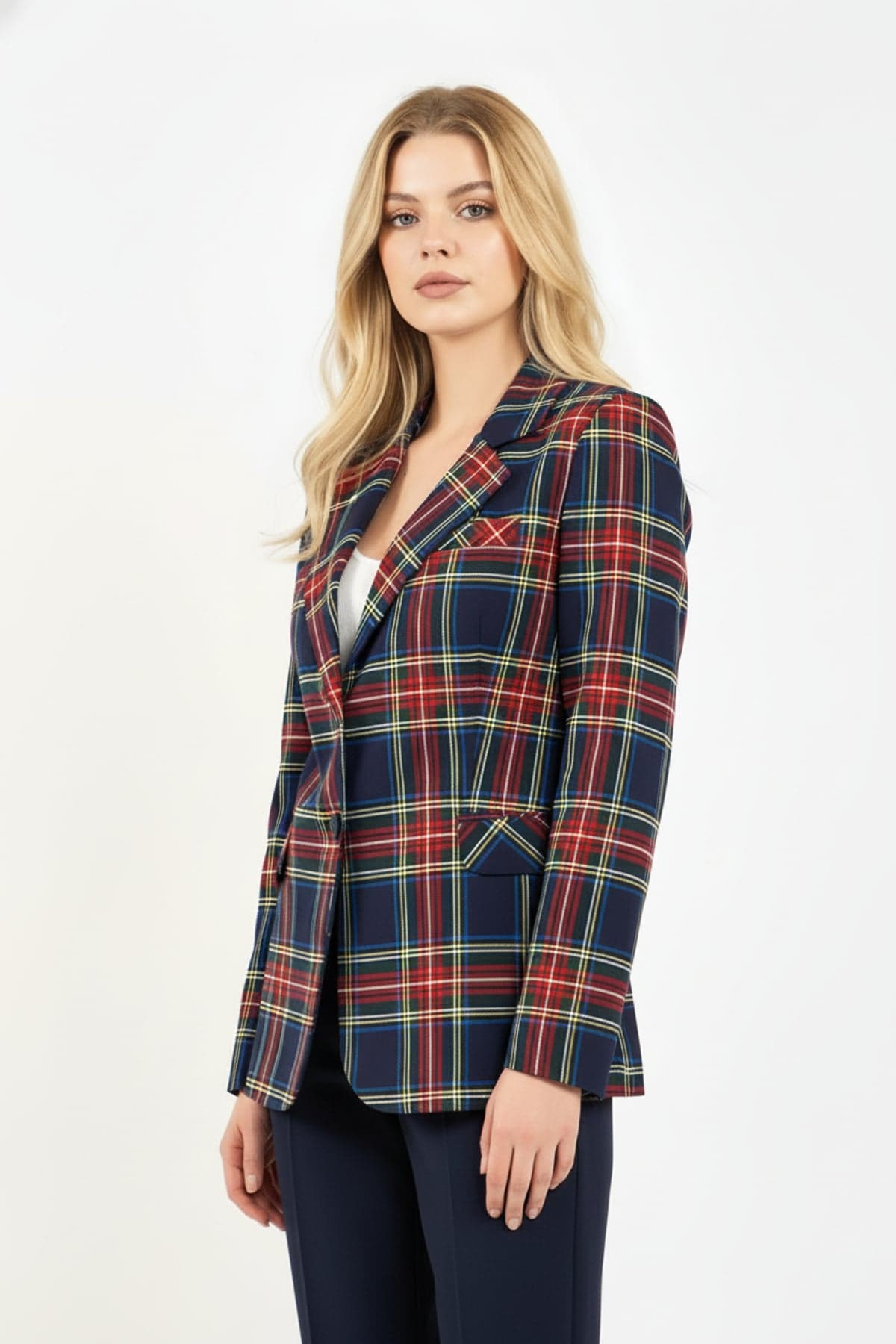 Navy Blue Single Button Checked Jacket