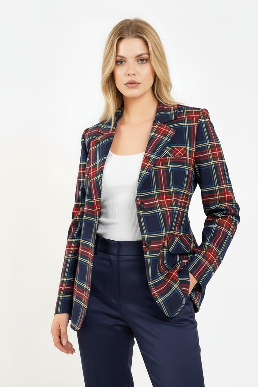 Navy Blue Single Button Checked Jacket