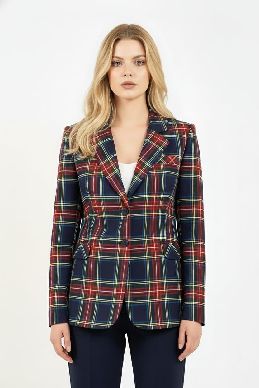 Navy Blue Single Button Checked Jacket
