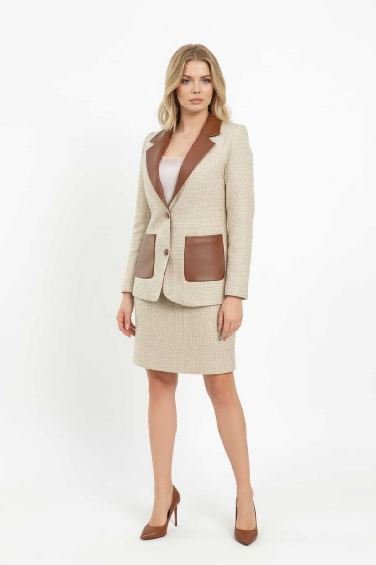 Beige Tweed Leather-Detail Jacket