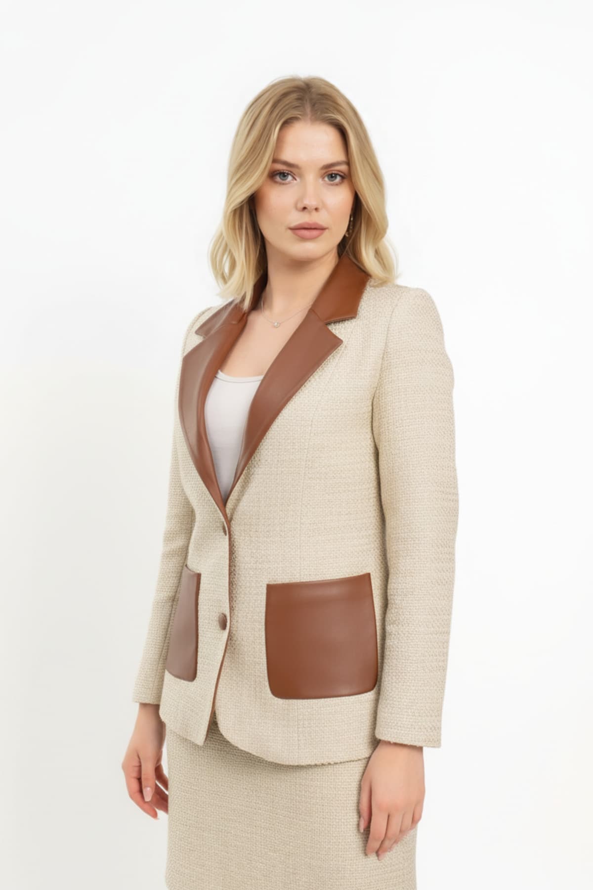 Beige Tweed Leather-Detail Jacket