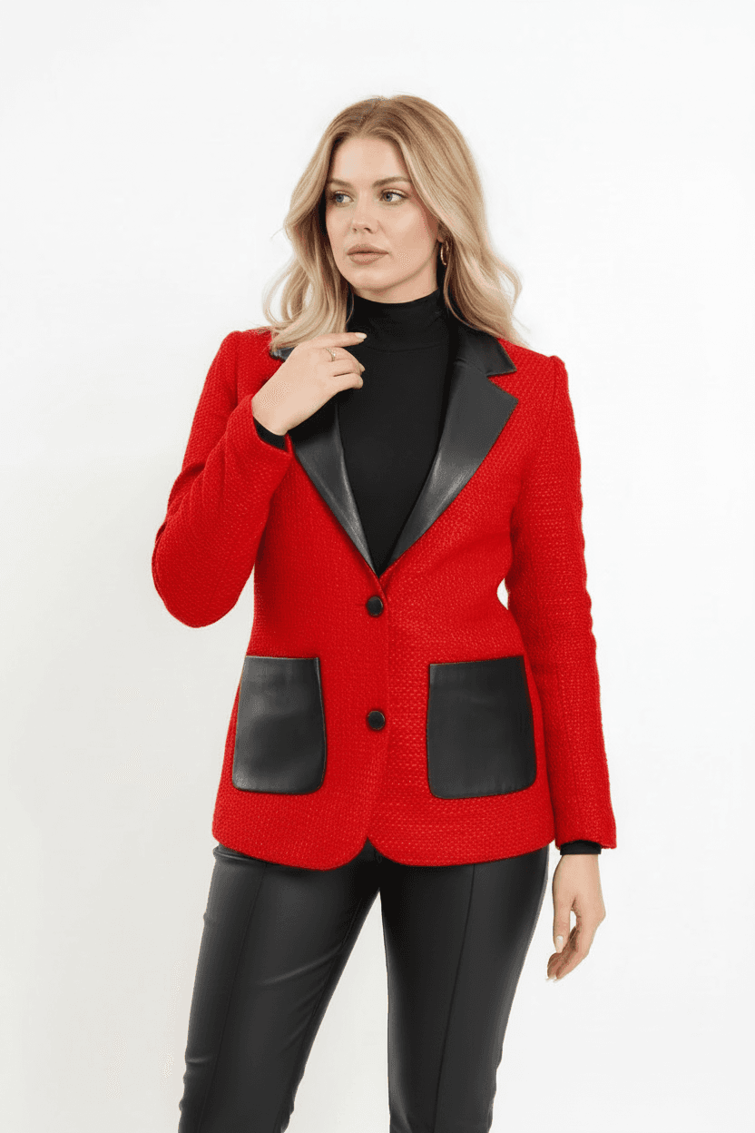 Red Tweed Leather-Detail Jacket