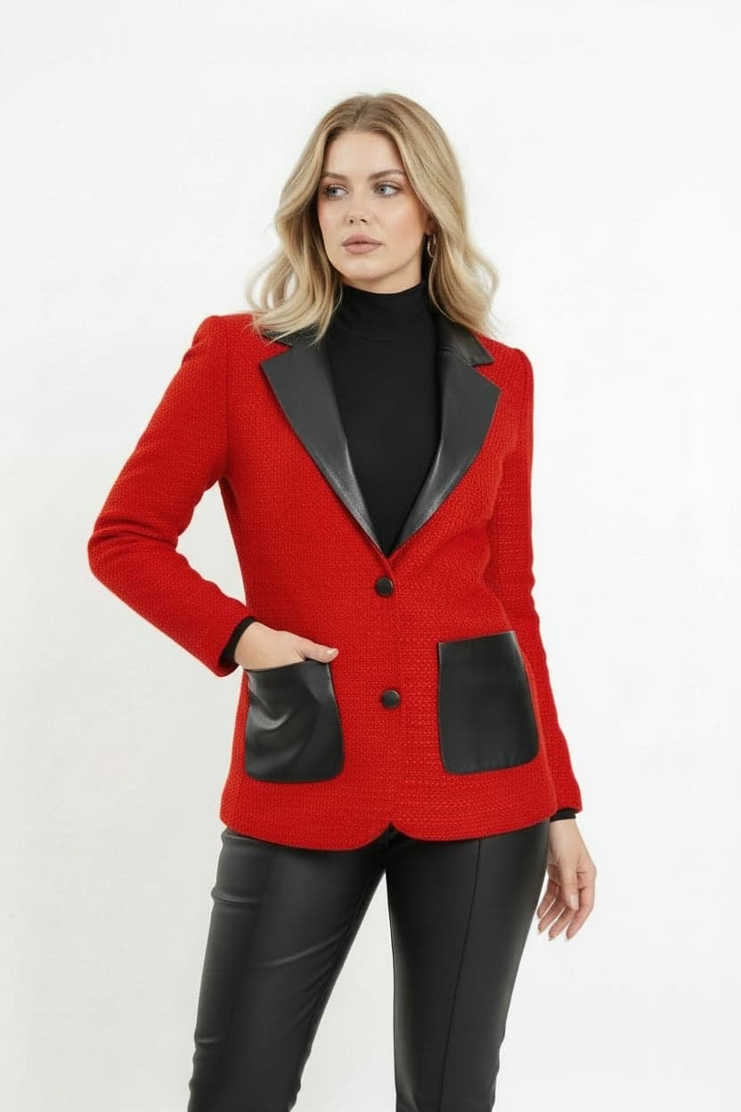 Red Tweed Leather-Detail Jacket