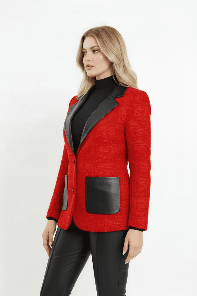 Red Tweed Leather-Detail Jacket