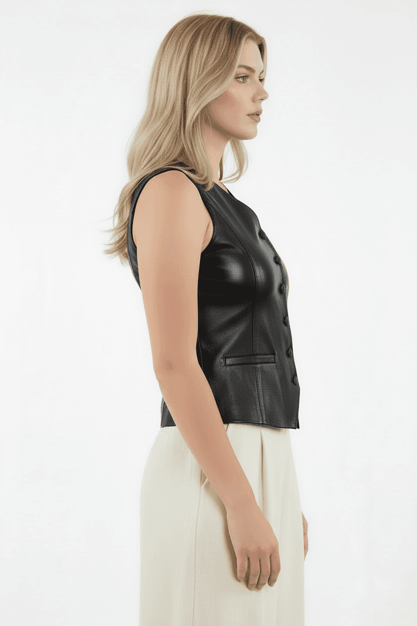 Black Synthetic Leather Vest