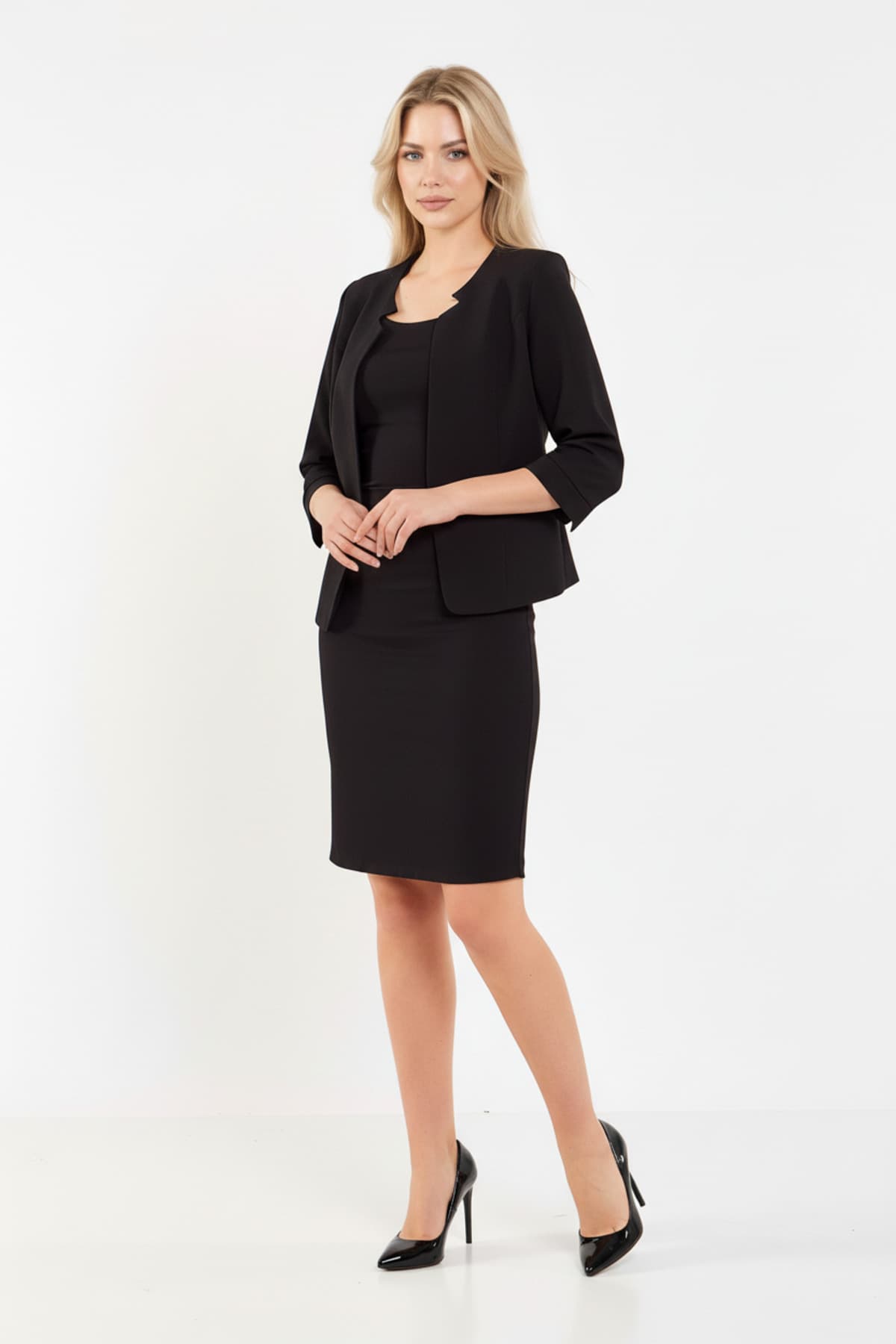 Black Half Sleeve Jacket and Skirt Suit Dress