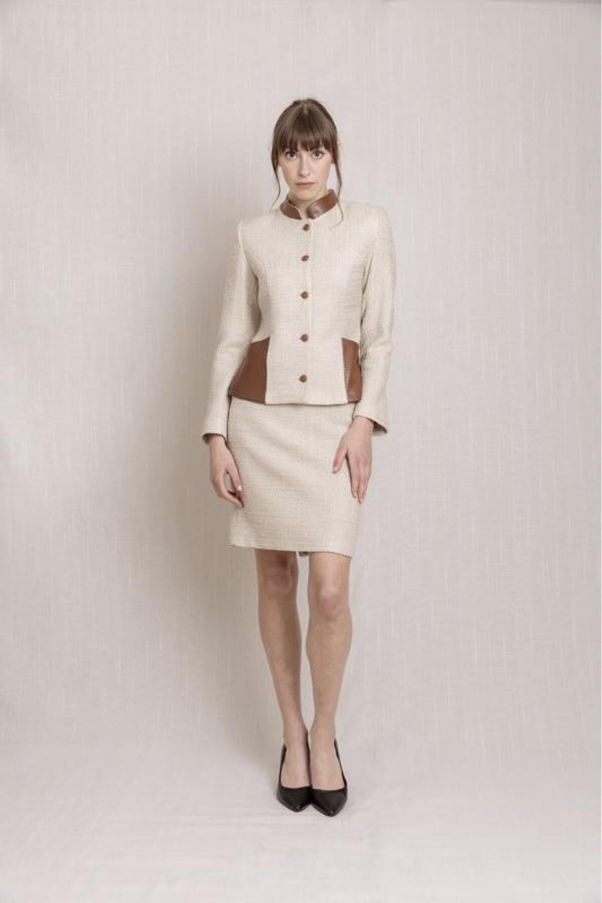 Beige Tweed Jacket Skirt Suit Dress