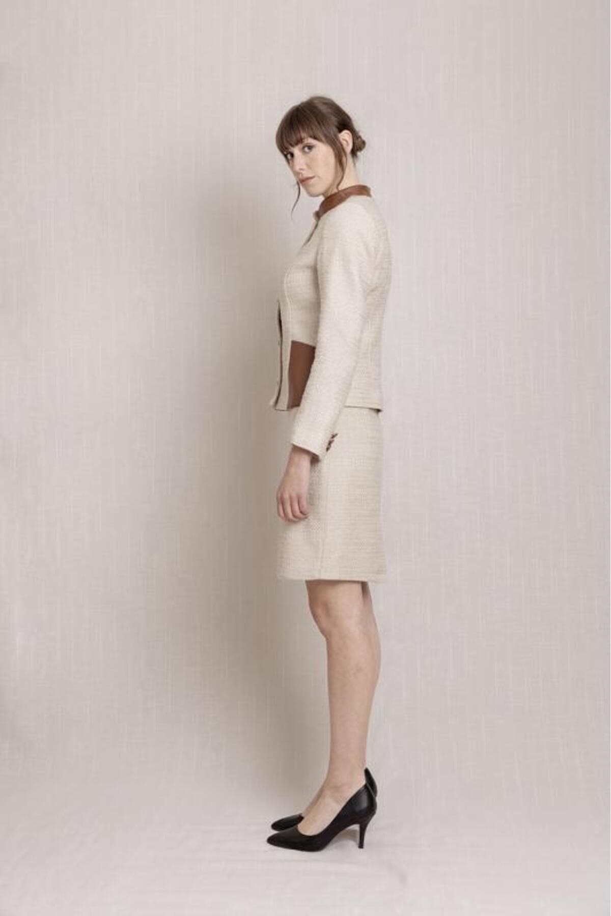 Beige Tweed Jacket Skirt Suit Dress